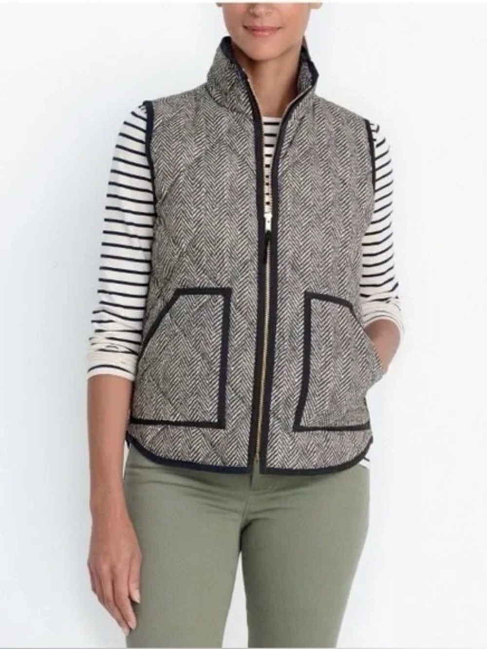 J. Crew Excursion Vest Womens L Gray Quilted Herringbone Down Filled Black Cream